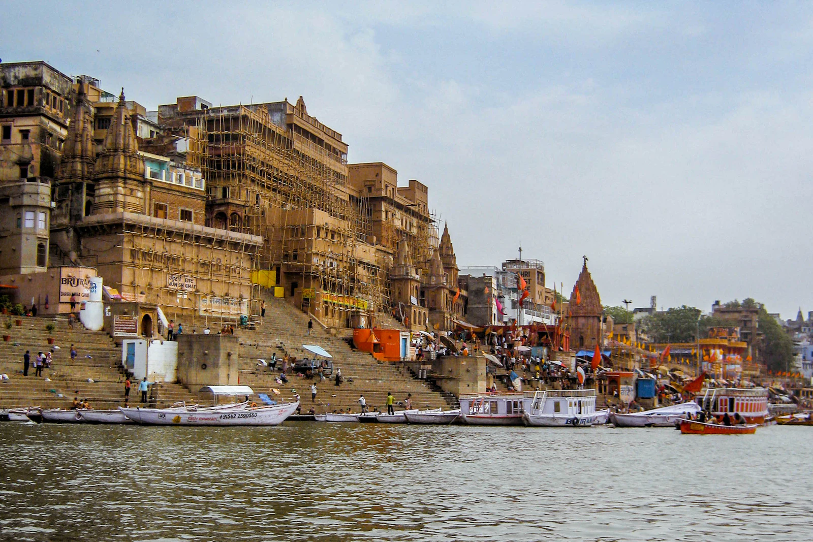 Boats moored along the ghats of Varanasi on the Ganges